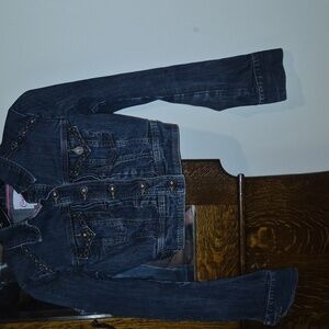 Juniors Size Small Cropped, Studded Dark Wash Jean Jacket